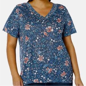 Erika Blue Ariella Floral Burnout Print V-Neck Short Sleeve T Shirt Sz Petite M